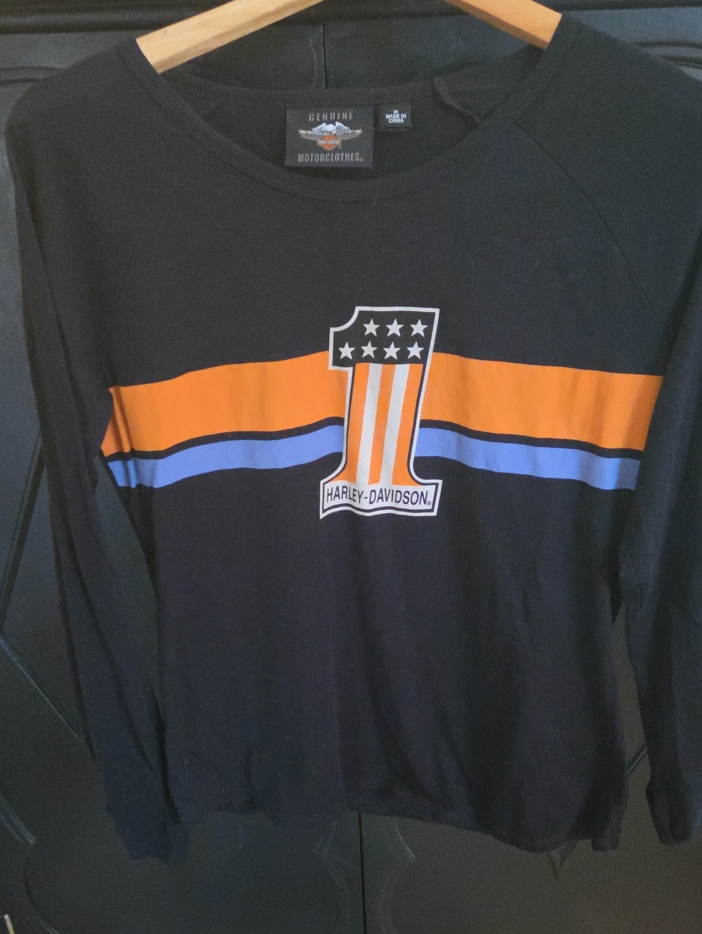 Harley-Davidson Kids Black Long Sleeve Tee with Orange & Blue Stripes